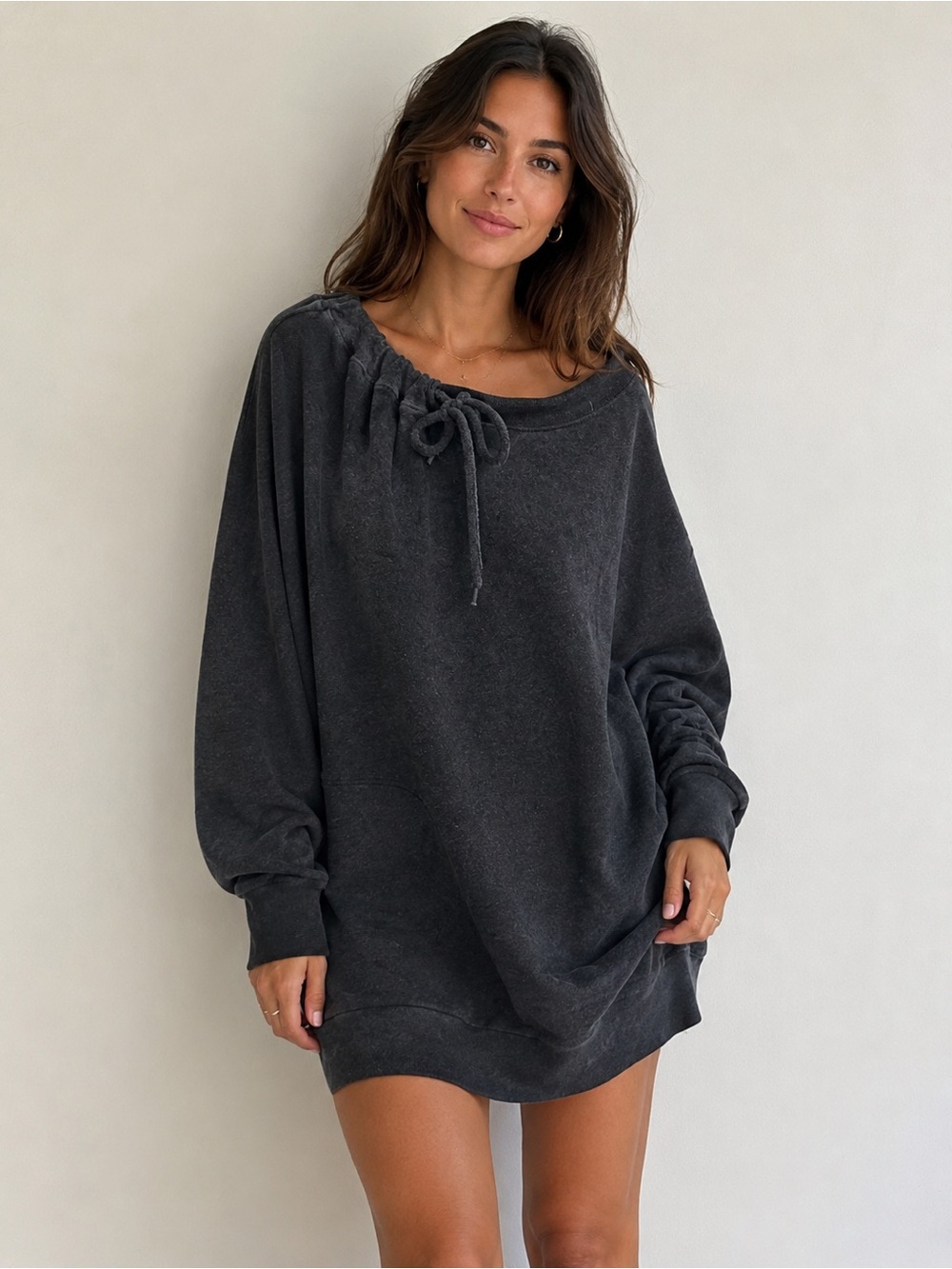 Maison Martin Margiela MM6 Black Drawstring assymetrical Neck Sweatshirt Dress